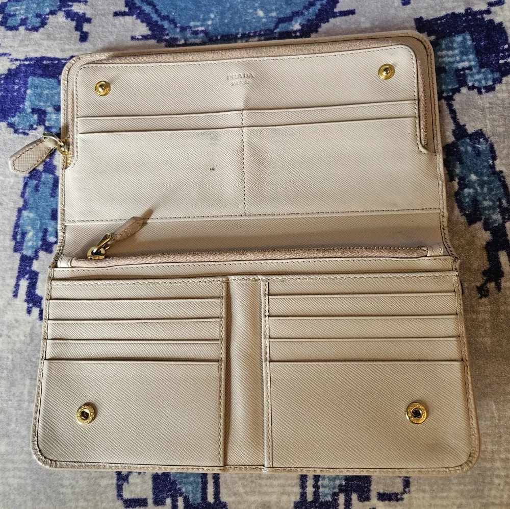 Prada Saffiano Double Snap Travel Wallet Long Classic Neutral Beige Pink